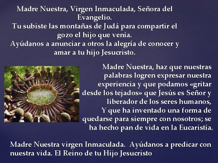 Madre Nuestra, Virgen Inmaculada, Señora del Evangelio. Tu subiste las montañas de Judá para