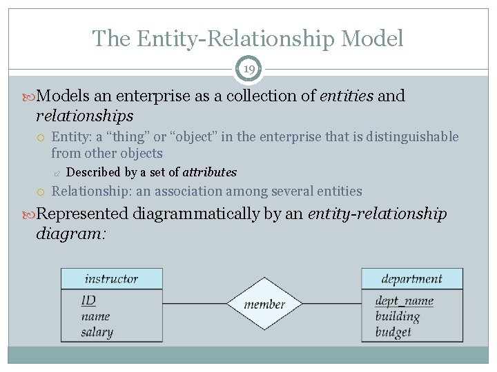 The Entity-Relationship Model 19 Models an enterprise as a collection of entities and relationships The Entity-Relationship Model 19 Models an enterprise as a collection of entities and relationships