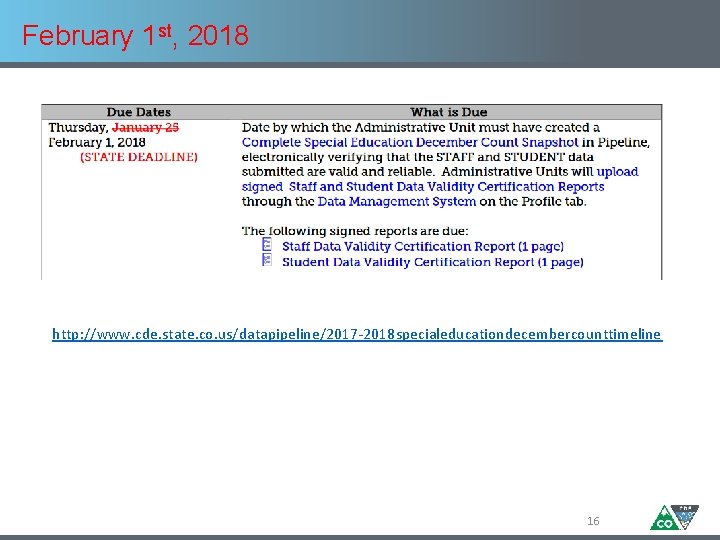 February 1 st, 2018 http: //www. cde. state. co. us/datapipeline/2017 -2018 specialeducationdecembercounttimeline 16 