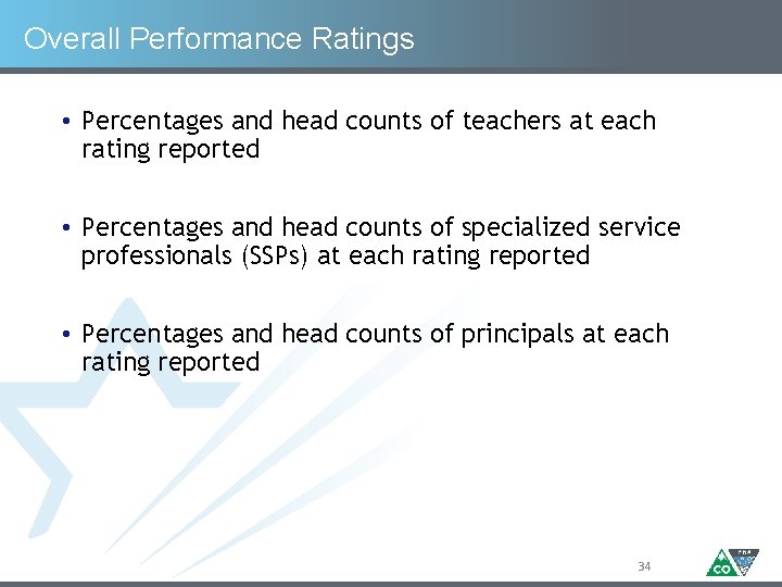 Overall Performance Ratings • Percentages and head counts of teachers at each rating reported