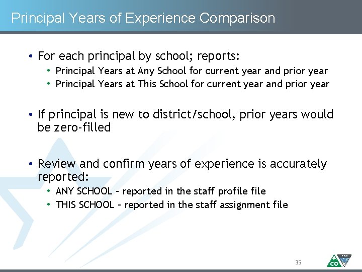 Principal Years of Experience Comparison • For each principal by school; reports: • Principal