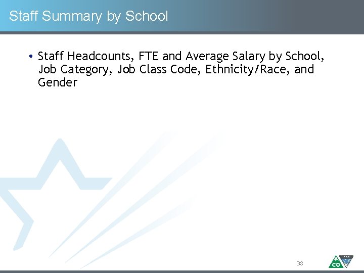 Staff Summary by School • Staff Headcounts, FTE and Average Salary by School, Job