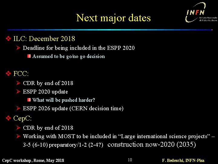 Next major dates v ILC: December 2018 Ø Deadline for being included in the