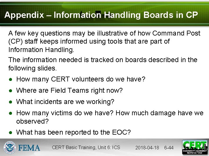 Appendix – Information Handling Boards in CP A few key questions may be illustrative