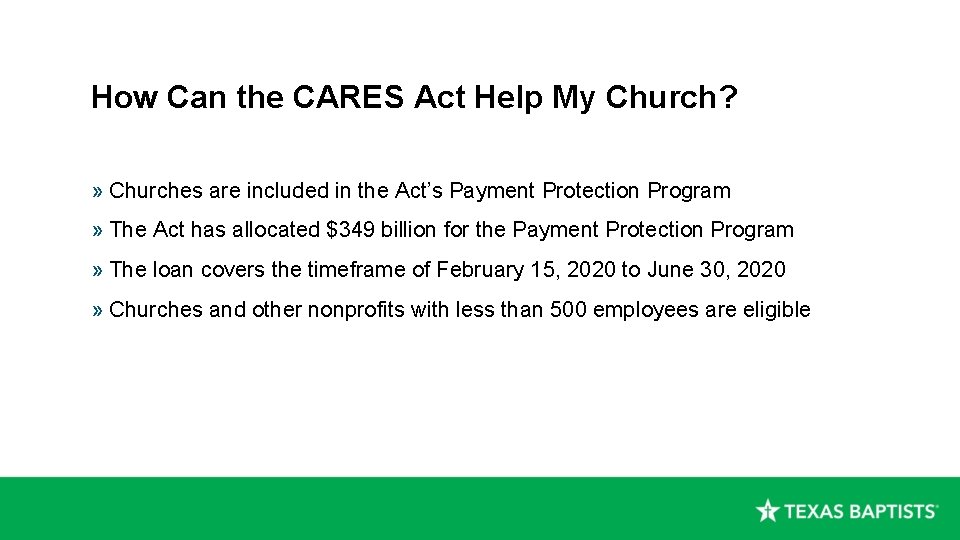 How Can the CARES Act Help My Church? » Churches are included in the