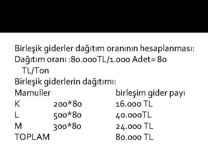 Birleşik giderler dağıtım oranının hesaplanması: Dağıtım oranı : 80. 000 TL/1. 000 Adet= 80