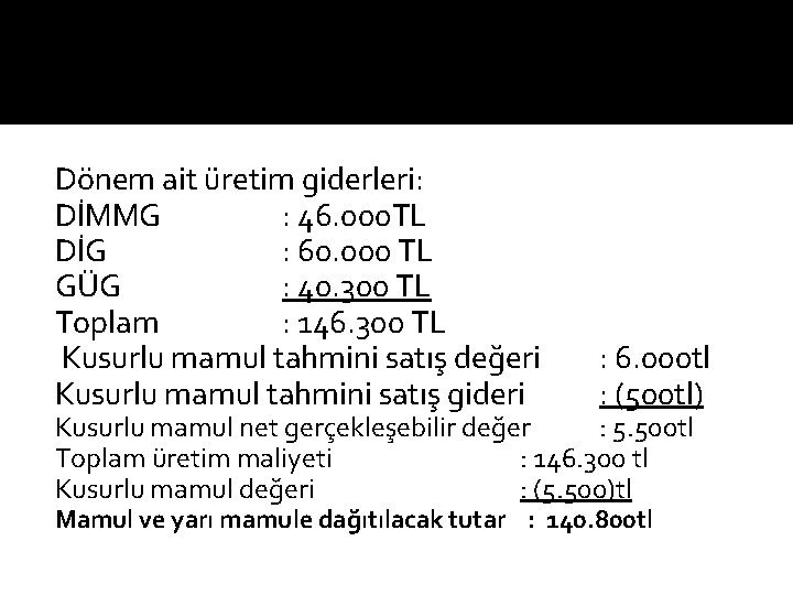 Dönem ait üretim giderleri: DİMMG : 46. 000 TL DİG : 60. 000 TL