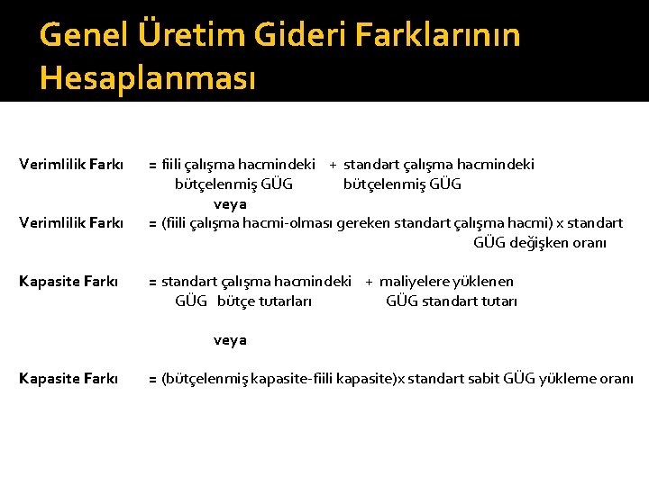 Genel Üretim Gideri Farklarının Hesaplanması Verimlilik Farkı Kapasite Farkı = fiili çalışma hacmindeki +