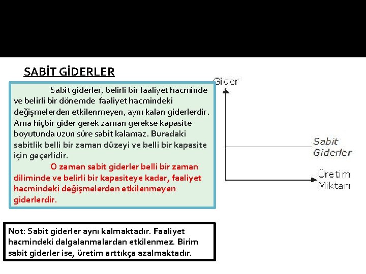 SABİT GİDERLER Sabit giderler, belirli bir faaliyet hacminde ve belirli bir dönemde faaliyet hacmindeki