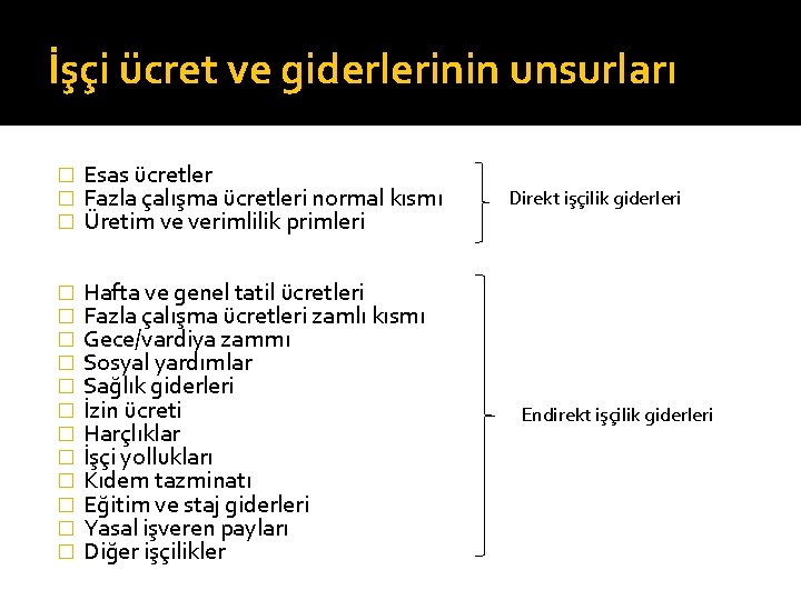 İşçi ücret ve giderlerinin unsurları � � � Esas ücretler Fazla çalışma ücretleri normal