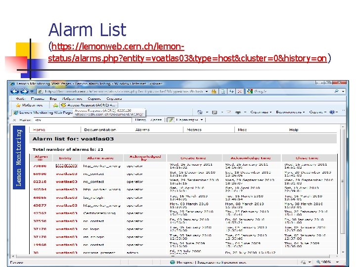 Alarm List (https: //lemonweb. cern. ch/lemon- status/alarms. php? entity=voatlas 03&type=host&cluster=0&history=on) 