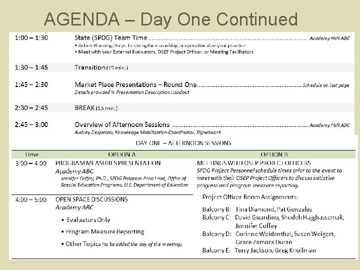 AGENDA – Day One Continued 