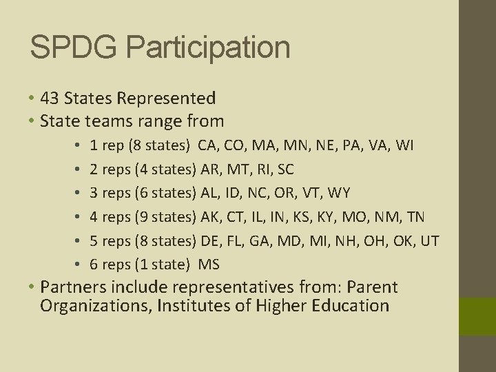 SPDG Participation • 43 States Represented • State teams range from • • •