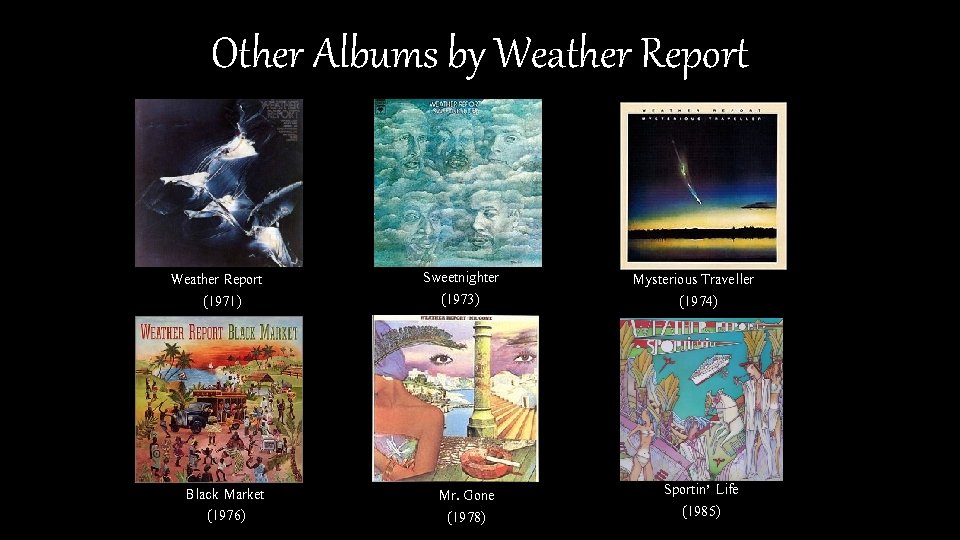 Other Albums by Weather Report (1971) Sweetnighter (1973) Black Market (1976) Mr. Gone (1978)