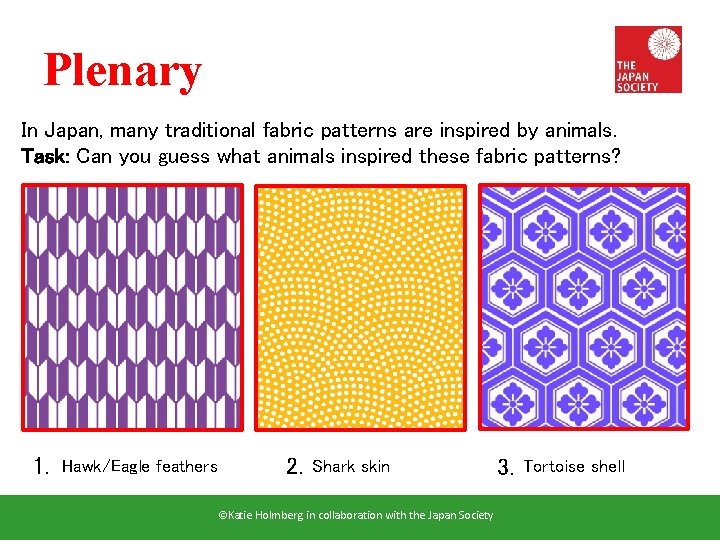Plenary In Japan, many traditional fabric patterns are inspired by animals. Task: Can you
