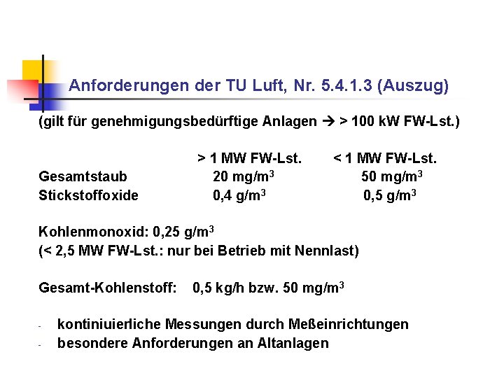 Anforderungen der TU Luft, Nr. 5. 4. 1. 3 (Auszug) (gilt für genehmigungsbedürftige Anlagen Anforderungen der TU Luft, Nr. 5. 4. 1. 3 (Auszug) (gilt für genehmigungsbedürftige Anlagen