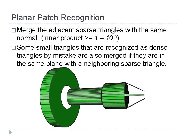 Planar Patch Recognition � Merge the adjacent sparse triangles with the same normal. (Inner