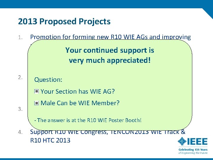 2013 Proposed Projects 1. Promotion forming new R 10 WIE AGs and improving retention