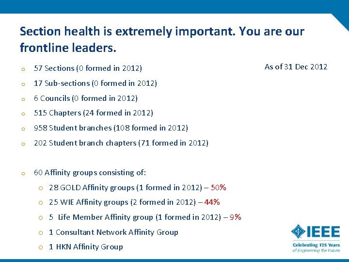 Section health is extremely important. You are our frontline leaders. o 57 Sections (0