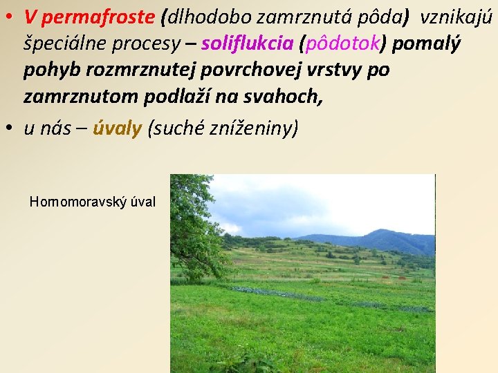  • V permafroste (dlhodobo zamrznutá pôda) vznikajú špeciálne procesy – soliflukcia (pôdotok) pomalý