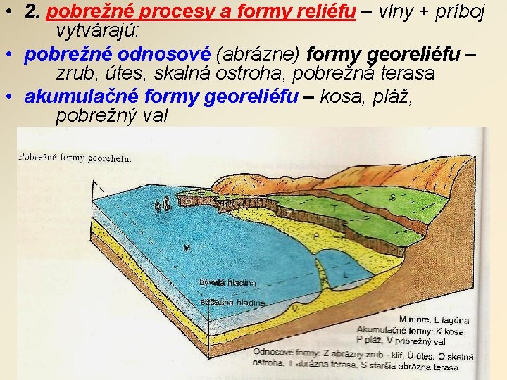  • 2. pobrežné procesy a formy reliéfu – vlny + príboj vytvárajú: •