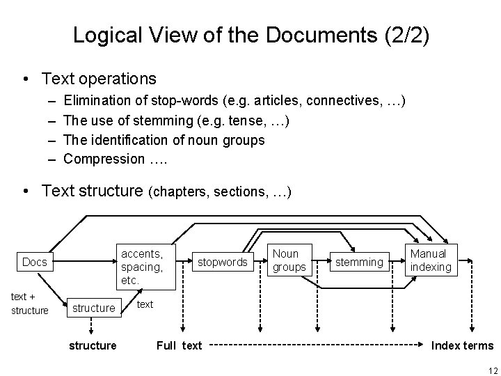 Logical View of the Documents (2/2) • Text operations – – Elimination of stop-words