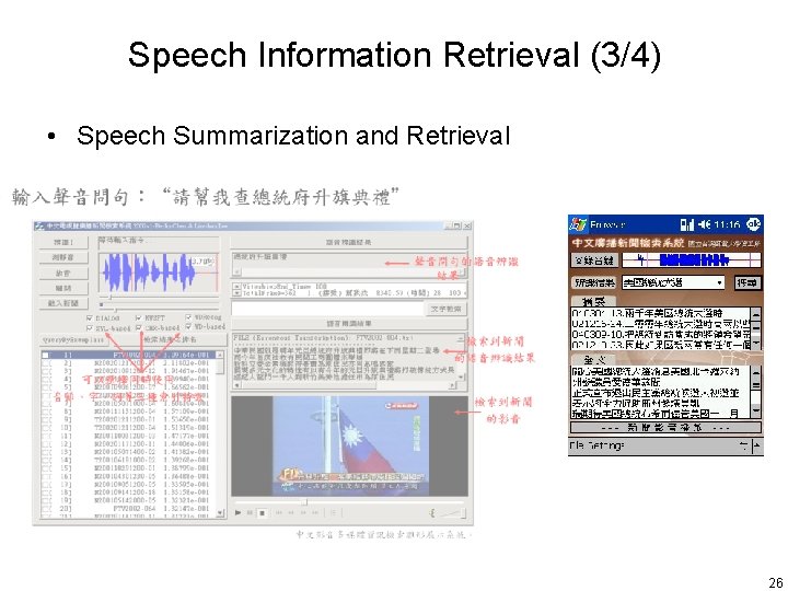 Speech Information Retrieval (3/4) • Speech Summarization and Retrieval 26 