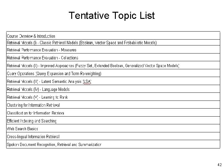 Tentative Topic List 42 