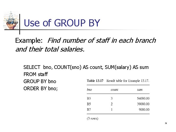 IST 210 Use of GROUP BY Example: Find number of staff in each branch