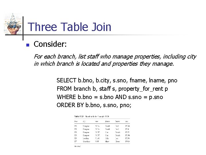 IST 210 Three Table Join n Consider: For each branch, list staff who manage