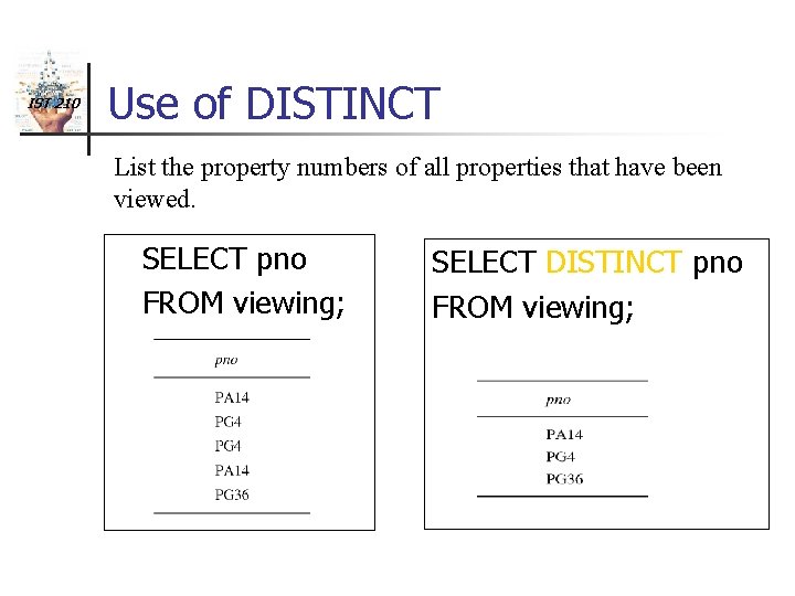 IST 210 Use of DISTINCT List the property numbers of all properties that have