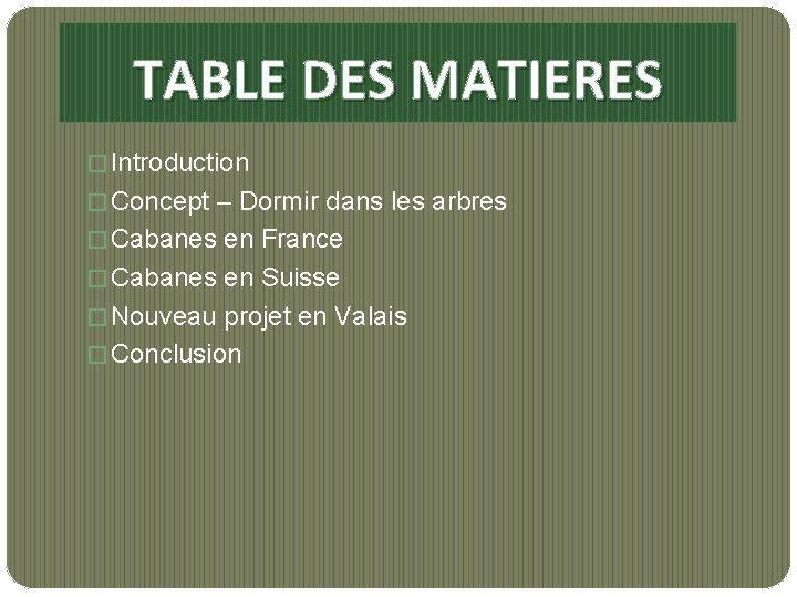 TABLE DES MATIERES � Introduction � Concept – Dormir dans les arbres � Cabanes