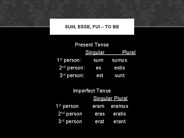 SUM, ESSE, FUI – TO BE Present Tense Singular 1 st person: 2 nd
