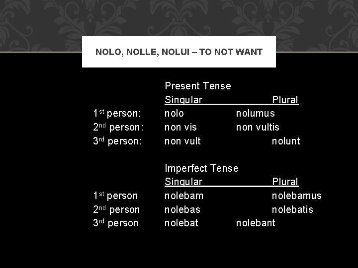 NOLO, NOLLE, NOLUI – TO NOT WANT 1 st person: 2 nd person: 3