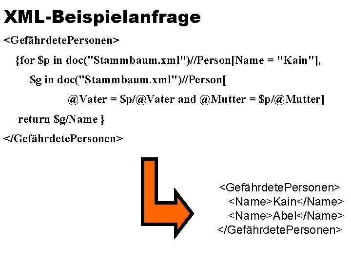 XML-Beispielanfrage <Gefährdete. Personen> {for $p in doc("Stammbaum. xml")//Person[Name = "Kain"], $g in doc("Stammbaum. xml")//Person[