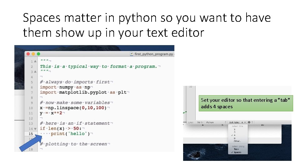Spaces matter in python so you want to have them show up in your