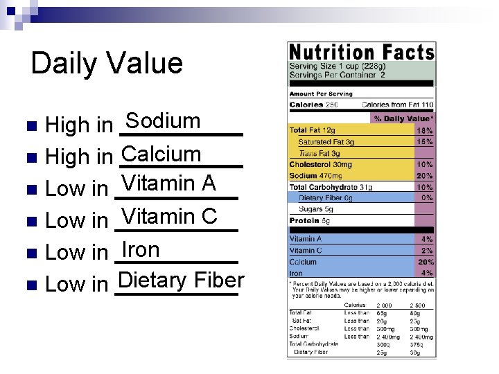 Daily Value Sodium High in _____ Calcium n High in _____ Vitamin A n