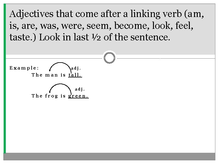 Adjectives that come after a linking verb (am, is, are, was, were, seem, become,