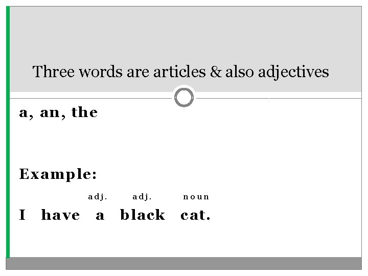 Three words are articles & also adjectives a, an, the Example: I have adj.