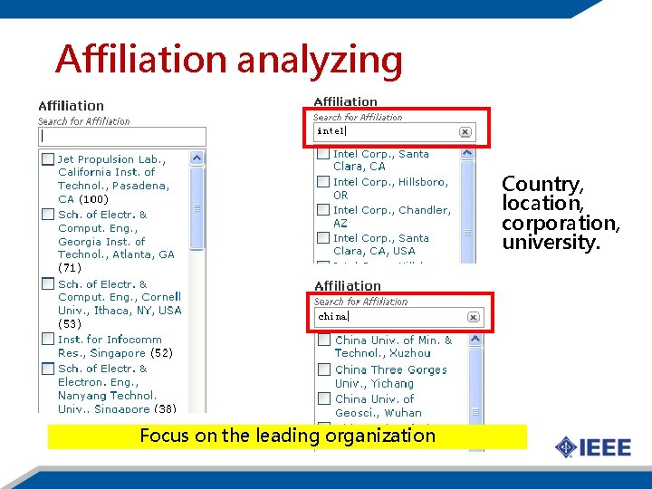 Affiliation analyzing 前25名 出版機 構 Focus on the leading organization Country, location, corporation, university.