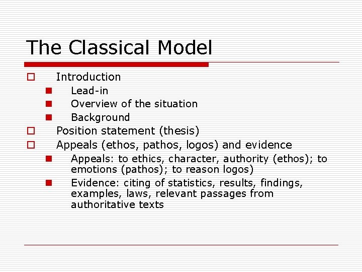 The Classical Model o n n n o o n n Introduction Lead in
