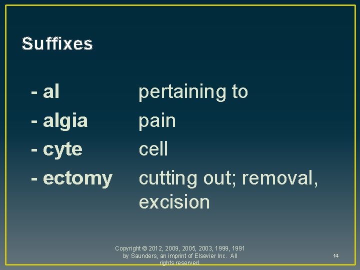 Suffixes - algia - cyte - ectomy pertaining to pain cell cutting out; removal,