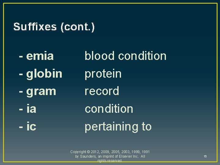 Suffixes (cont. ) - emia - globin - gram - ia - ic blood
