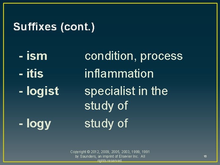 Suffixes (cont. ) - ism - itis - logist - logy condition, process inflammation