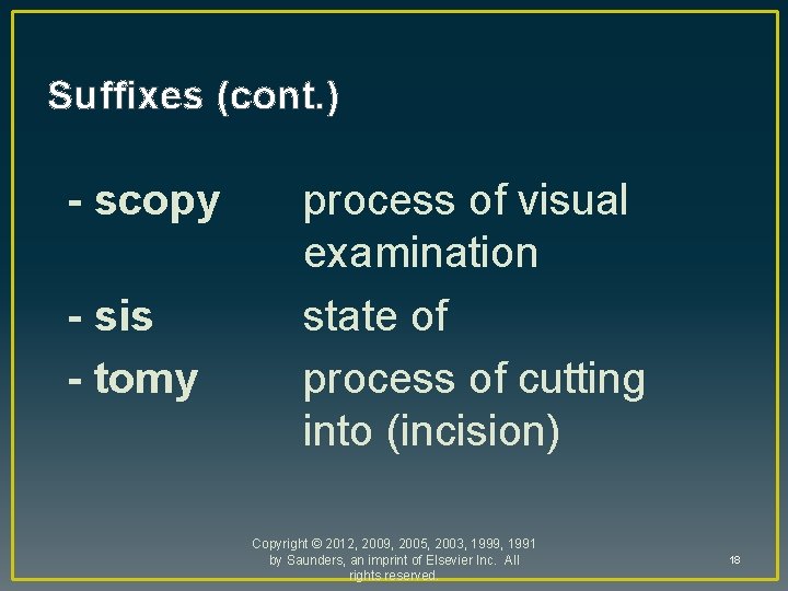 Suffixes (cont. ) - scopy - sis - tomy process of visual examination state