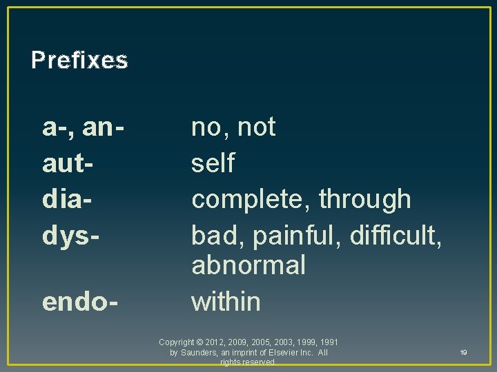 Prefixes a-, anautdiadysendo- no, not self complete, through bad, painful, difficult, abnormal within Copyright