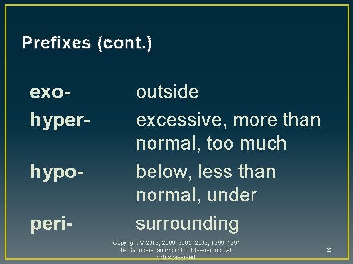 Prefixes (cont. ) exohyperhypoperi- outside excessive, more than normal, too much below, less than