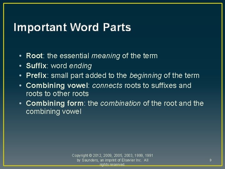 Important Word Parts • • Root: the essential meaning of the term Suffix: word