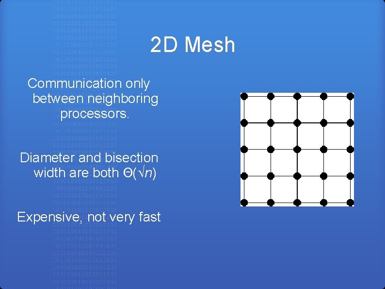 2 D Mesh Communication only between neighboring processors. Diameter and bisection width are both