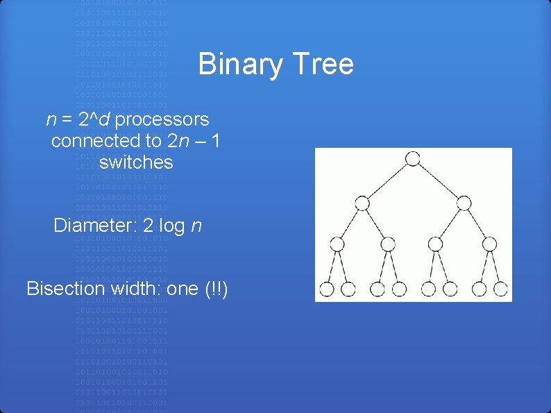 Binary Tree n = 2^d processors connected to 2 n – 1 switches Diameter: